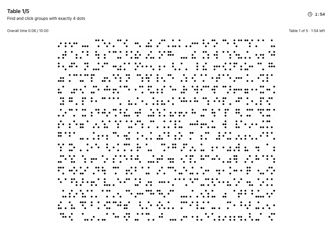 Group Bourdon test interface showing dot grid pattern