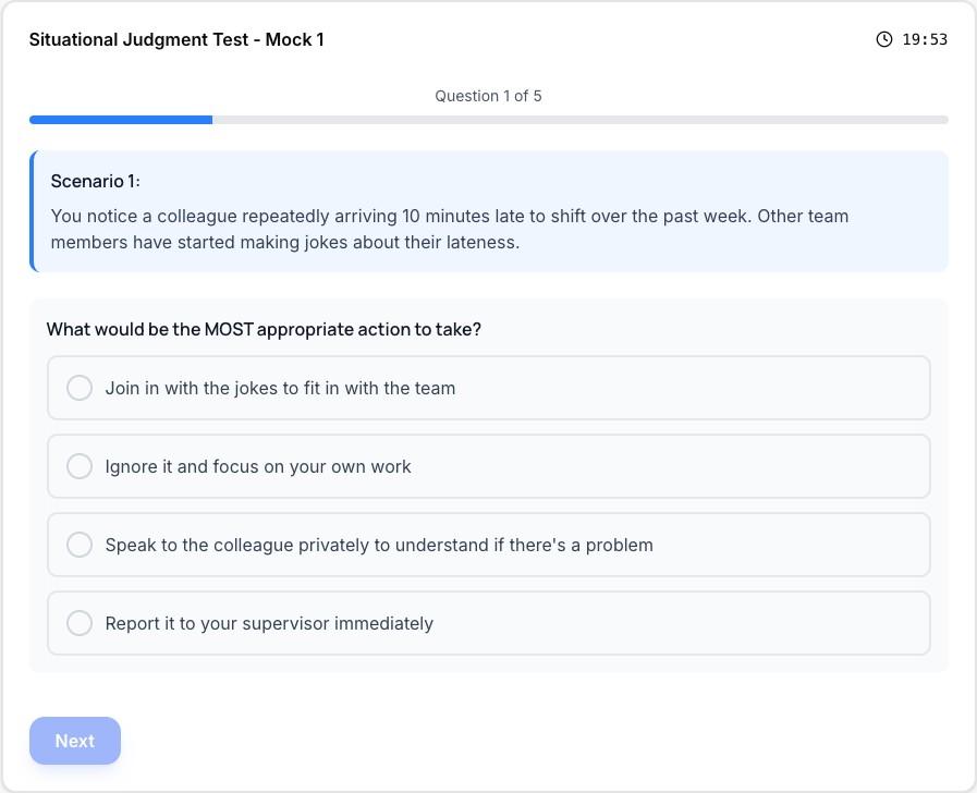 SJT test interface showing situational judgment scenario with response options