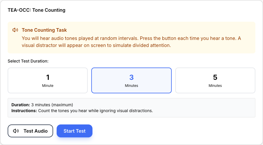 TEA-OCC test interface showing tone counting and directory search modes