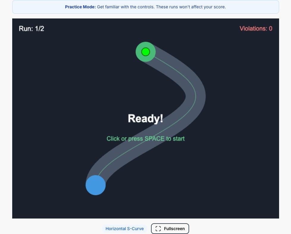 2 Hand Co-ordination test interface showing dual-control path navigation